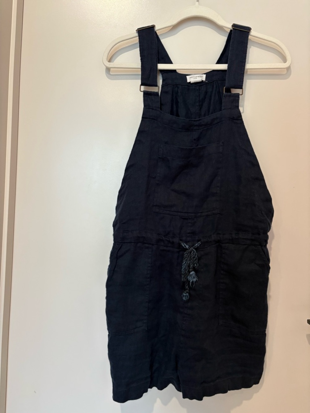 Linen Overall Romper One Piece Adjustable Navy Blue Front Pocket Drawstring M - Picture 10 of 10